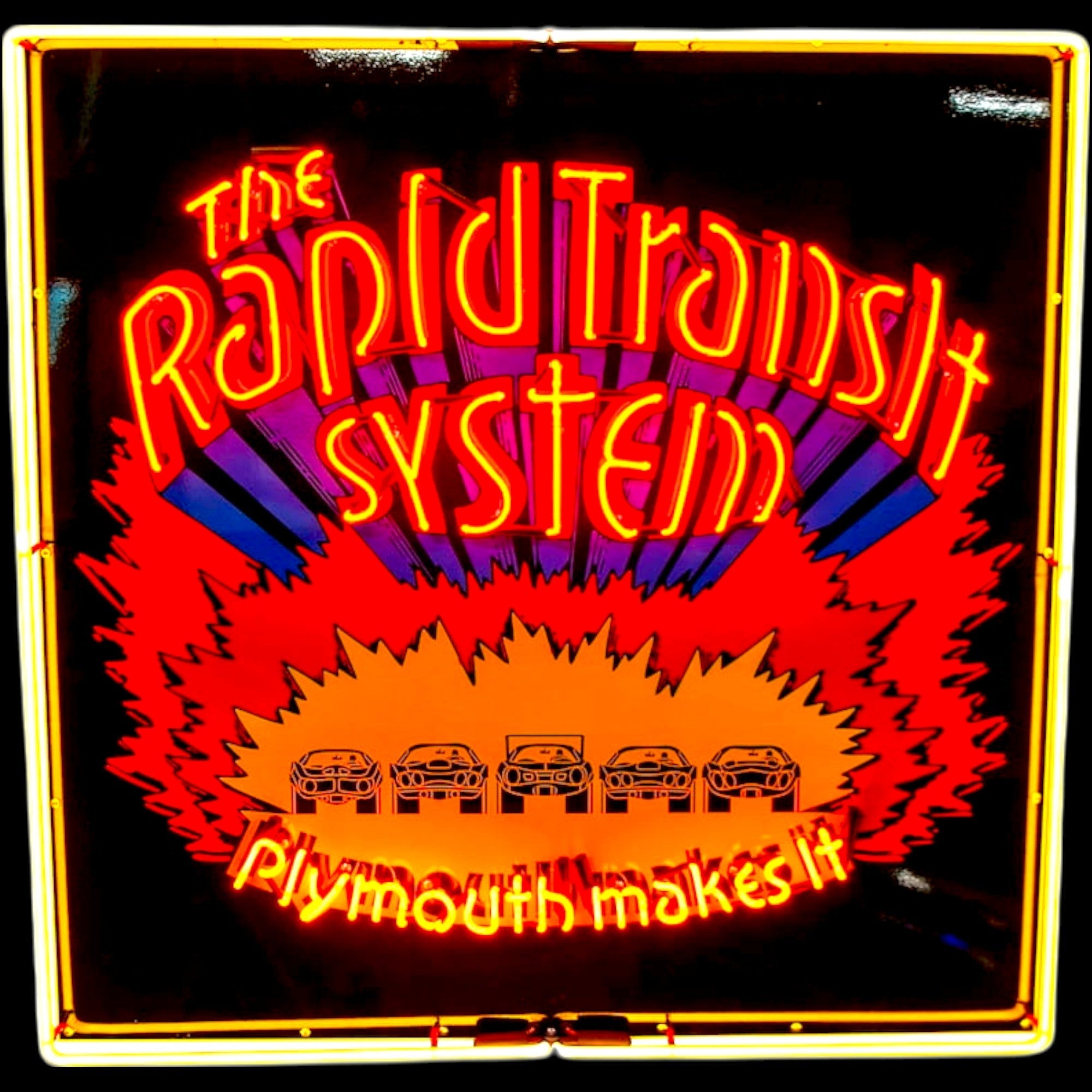 The Rapid Transit System (RTS) Real Neon Sign - Large, Glass, & Porcelain Enamel - Retro Vintage Plymouth Makes It Dealership Advertising Display