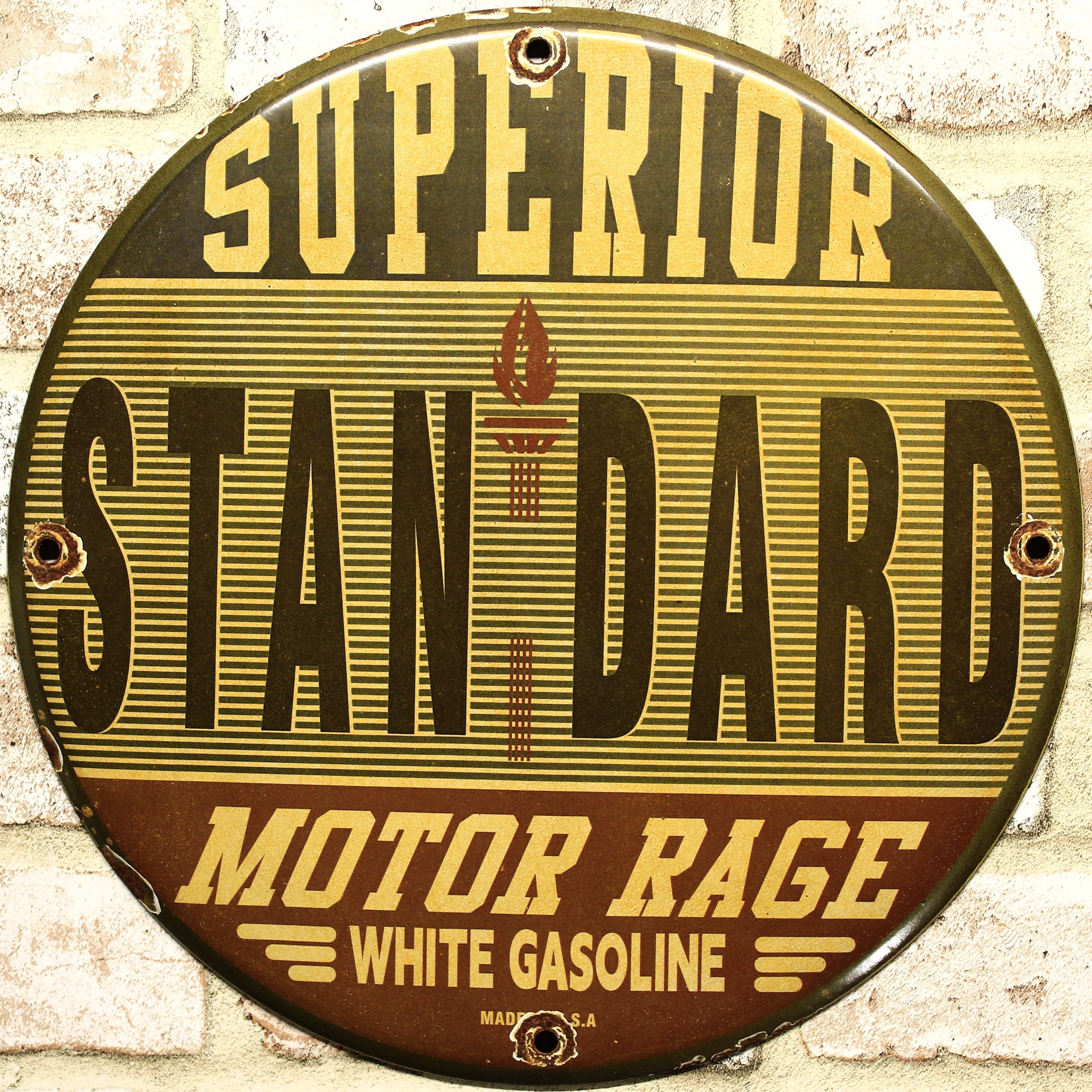 Superior Standard Motor Rage White Gasoline Porcelain Enamel Sign (12in)