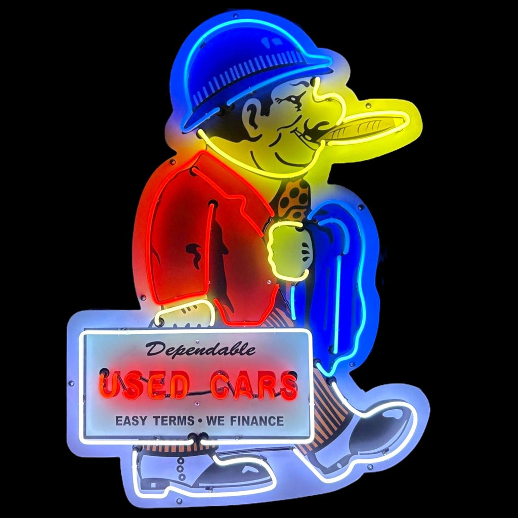 Dependable Used Cars Easy Terms Neon Die Cut Salesman with Briefcase Cigar