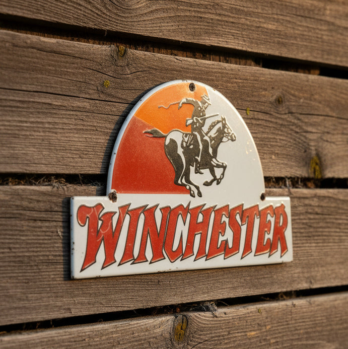 Winchester Crested Dome Top Porcelain Enamel Die Cut Metal Advertising Sign