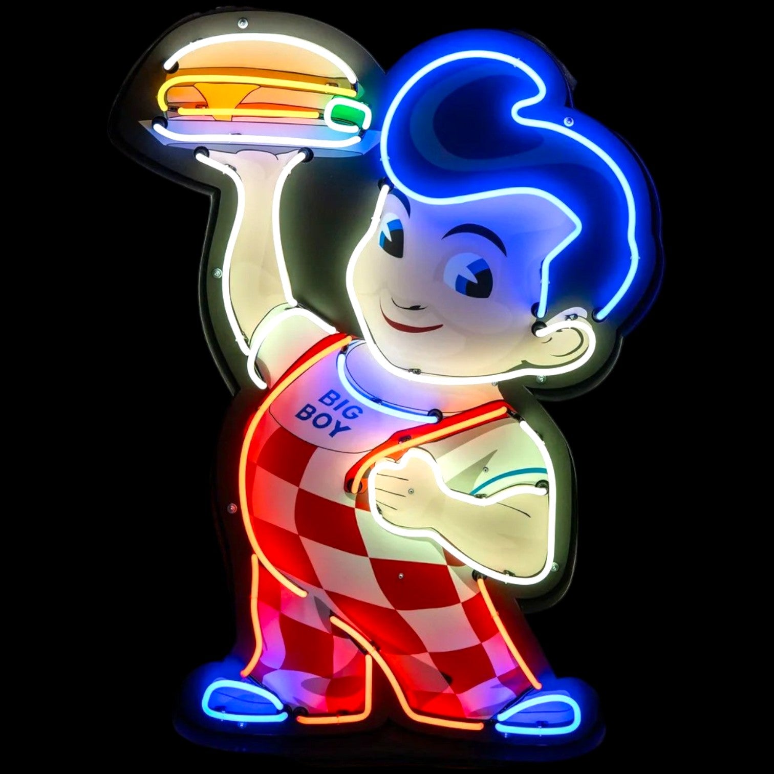 Big Boy Glass Neon Sign - Large Die Cut Mascot Light Up Advertising - Porcelain & Metal Can