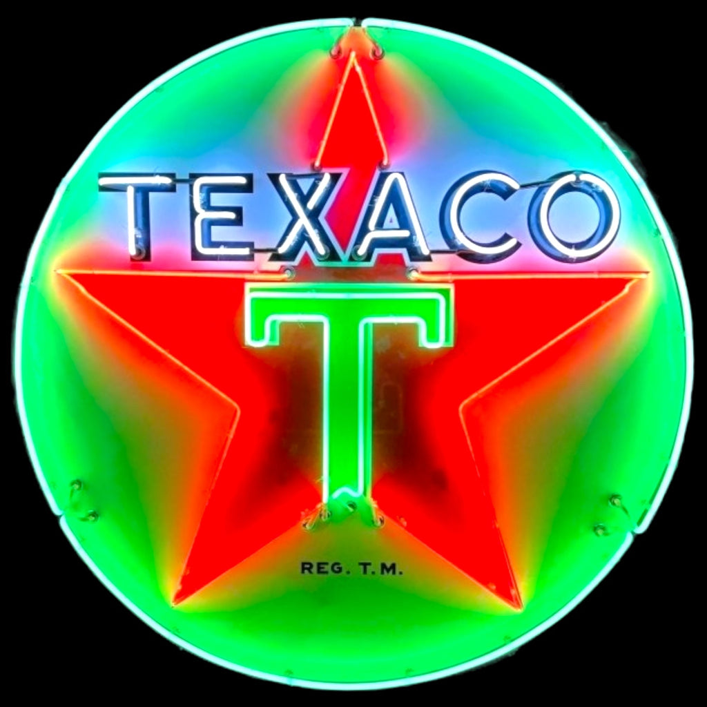 Texaco Gasoline Neon Sign with Porcelain & Steel Can - Large Texas Gas Station Round Light  24in - 48in