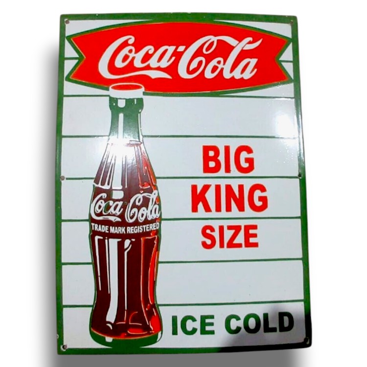 Coca Cola Fish Tail King Size Bottle Porcelain Enamel Vintage Metal Reproduction