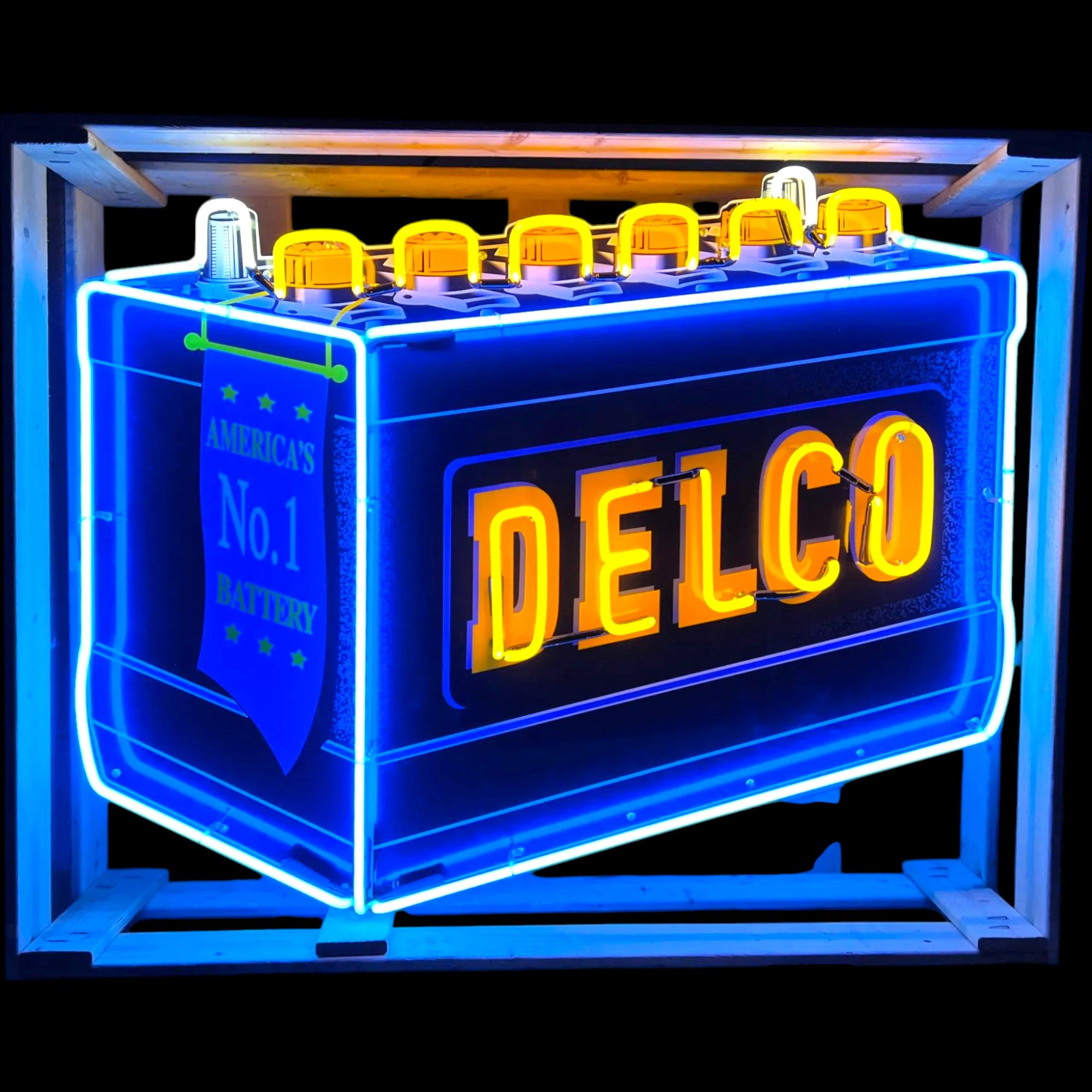 Delco Battery Real Neon Sign - Vintage, Die Cut, Glass, Porcelain Enamel, Custom Steel Can
