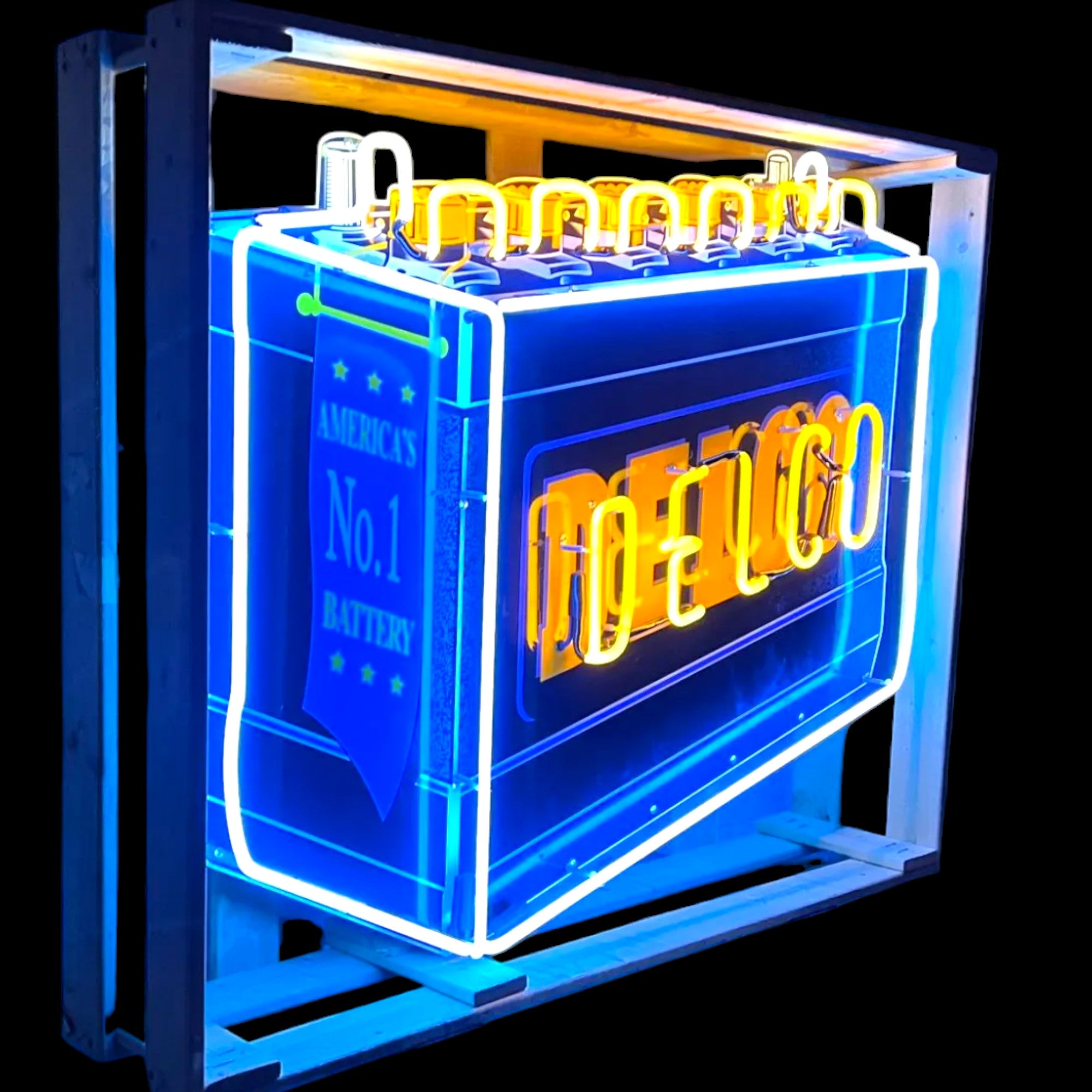 Delco Battery Real Neon Sign - Vintage, Die Cut, Glass, Porcelain Enamel, Custom Steel Can