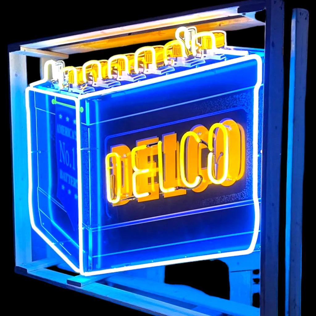 Delco Battery Real Neon Sign - Vintage, Die Cut, Glass, Porcelain Enamel, Custom Steel Can