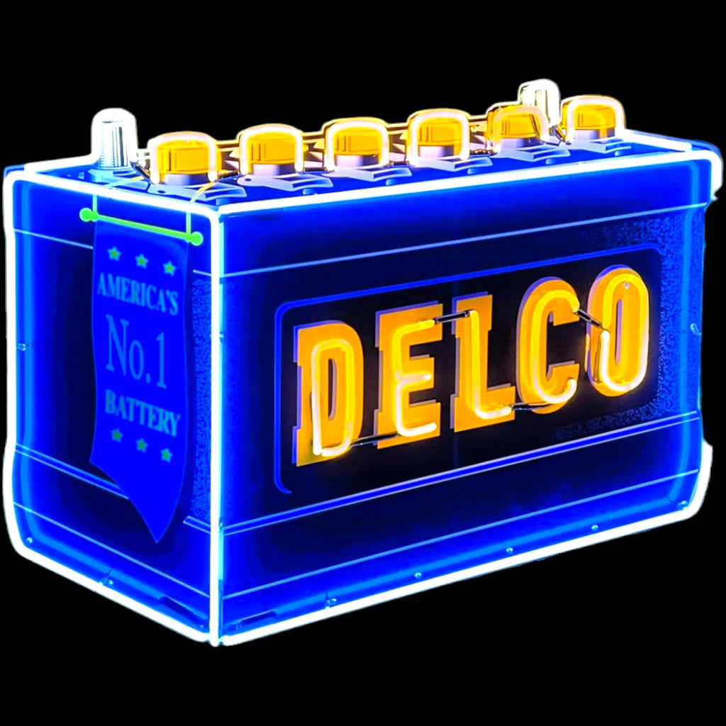 Delco Battery Real Neon Sign - Vintage, Die Cut, Glass, Porcelain Enamel, Custom Steel Can