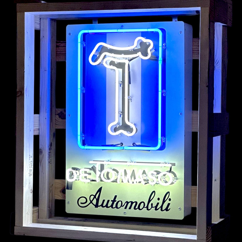 De Tomaso Automobili Neon Porcelain Sign - Handblown Glass, Enamel, Metal Steel Can - Premium Vintage Automotive