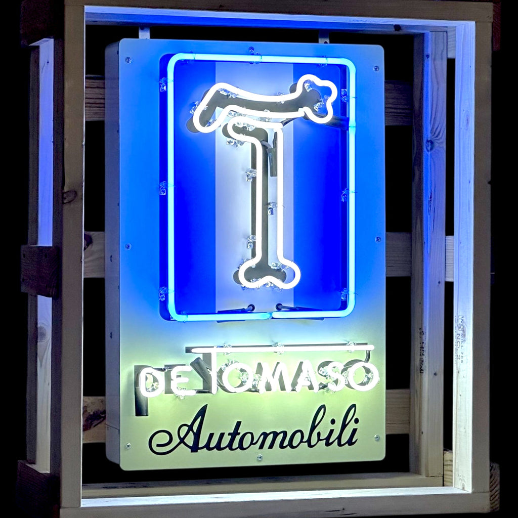 De Tomaso Automobili Neon Porcelain Sign - Handblown Glass, Enamel, Metal Steel Can - Premium Vintage Automotive