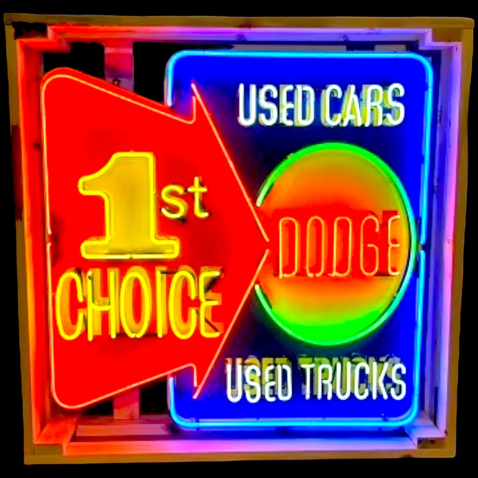 Dodge "1st Choice" Used Cars & Trucks Neon Sign - Real Glass, Porcelain Enamel, Die Cut Metal Can - Vintage Auto & Car Dealer Advertising