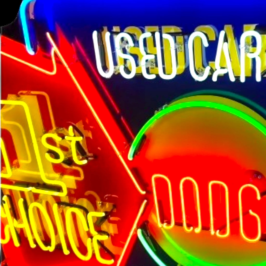 Dodge "1st Choice" Used Cars & Trucks Neon Sign - Real Glass, Porcelain Enamel, Die Cut Metal Can - Vintage Auto & Car Dealer Advertising