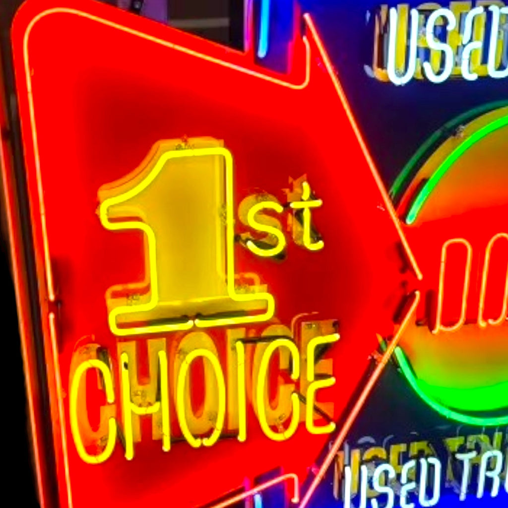 Dodge "1st Choice" Used Cars & Trucks Neon Sign - Real Glass, Porcelain Enamel, Die Cut Metal Can - Vintage Auto & Car Dealer Advertising