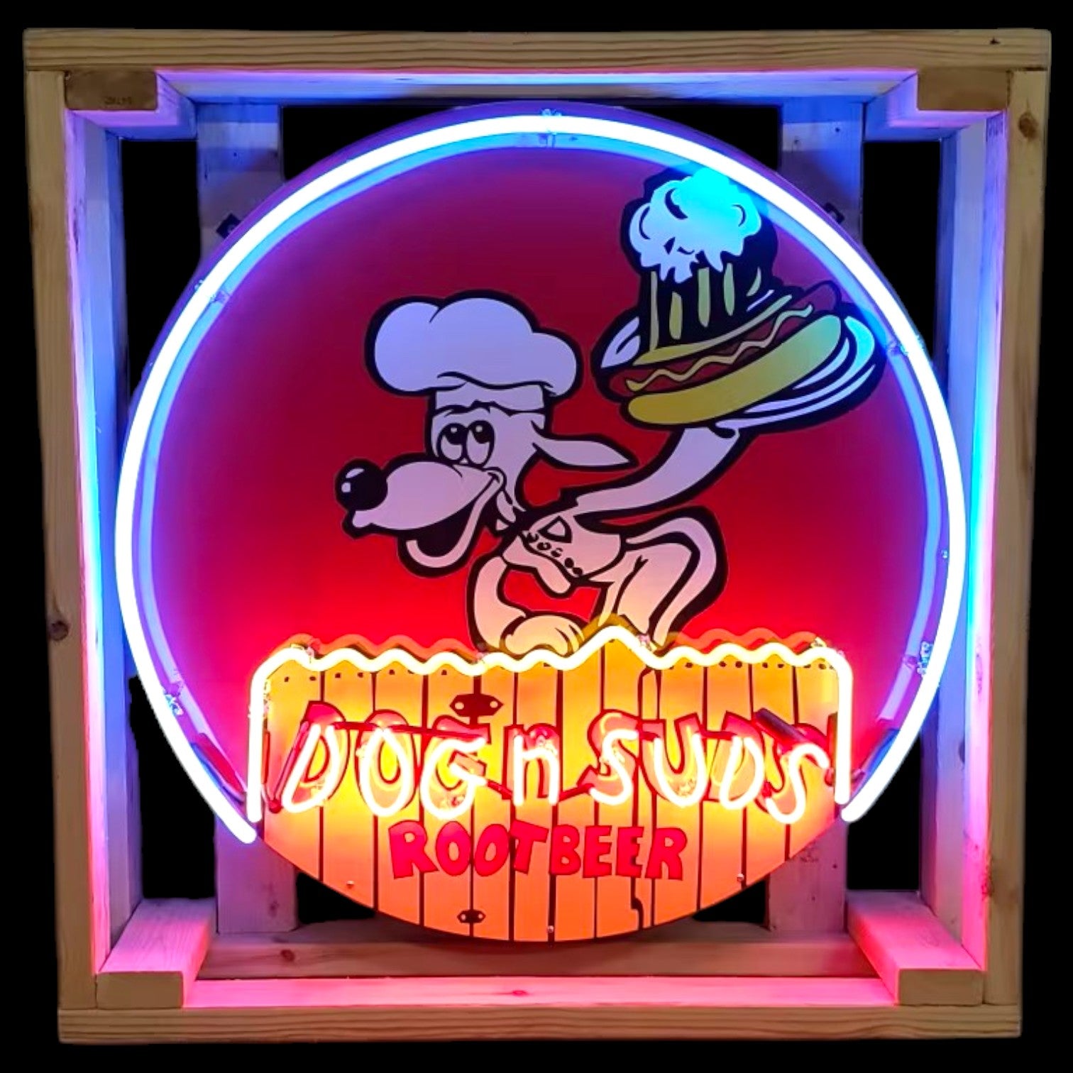 Dog N Suds Root Beer - Glass Neon Porcelain Sign with Metal Can - Retro & Vintage Reproduction
