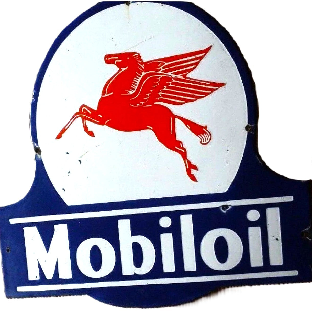 Mobiloil Pegasus Rounded Crest Top Die Cut Porcelain Vintage Metal Sign