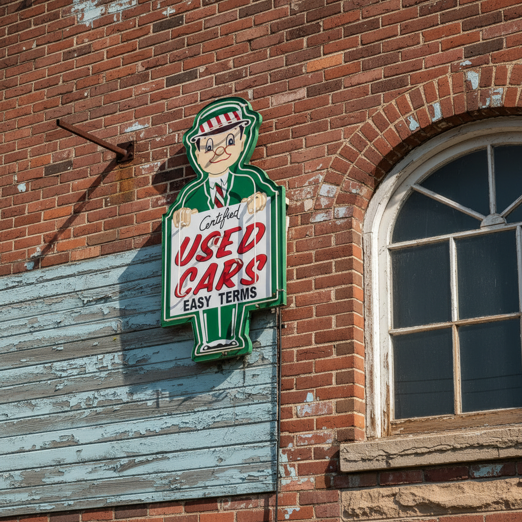 Dependable Used Cars Salesman Green Suit Porcelain Enamel Vintage Metal Reproduction