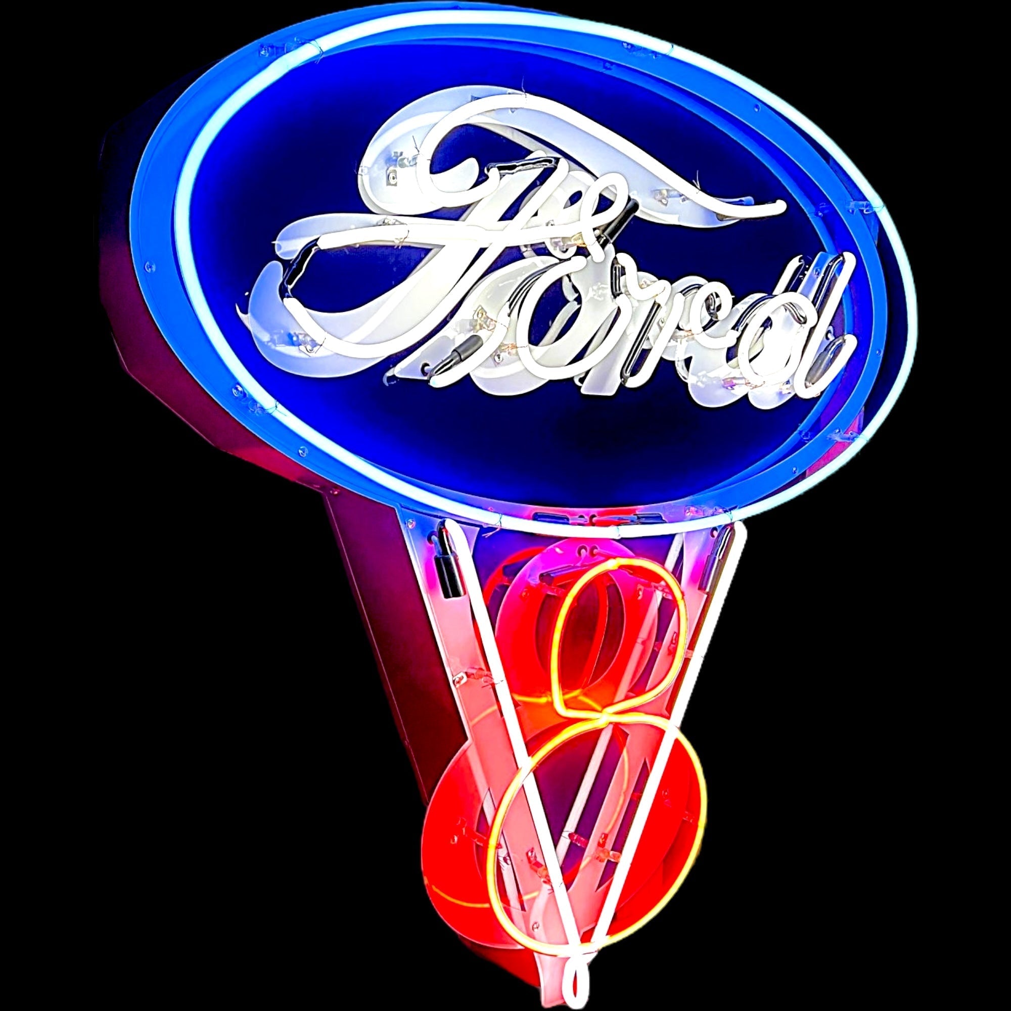 Ford V8 Tricolor Die Cut Neon Sign - Real Glass, Porcelain, Metal Can - Emblem Logo