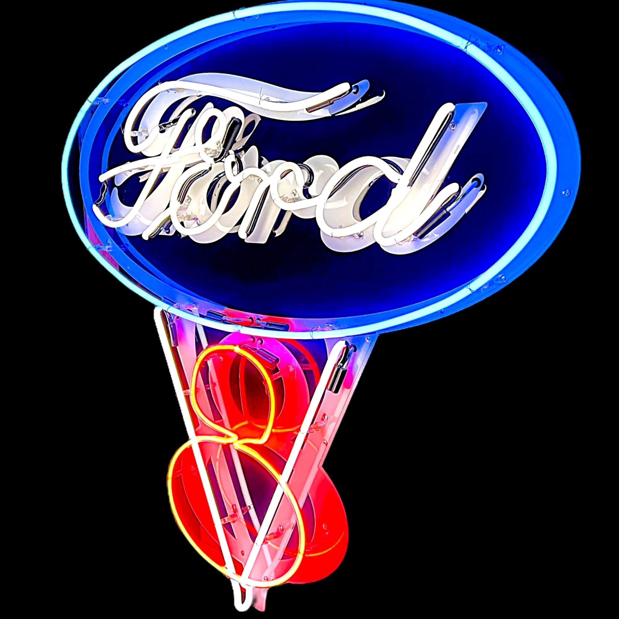 Ford V8 Tricolor Die Cut Neon Sign - Real Glass, Porcelain, Metal Can - Emblem Logo