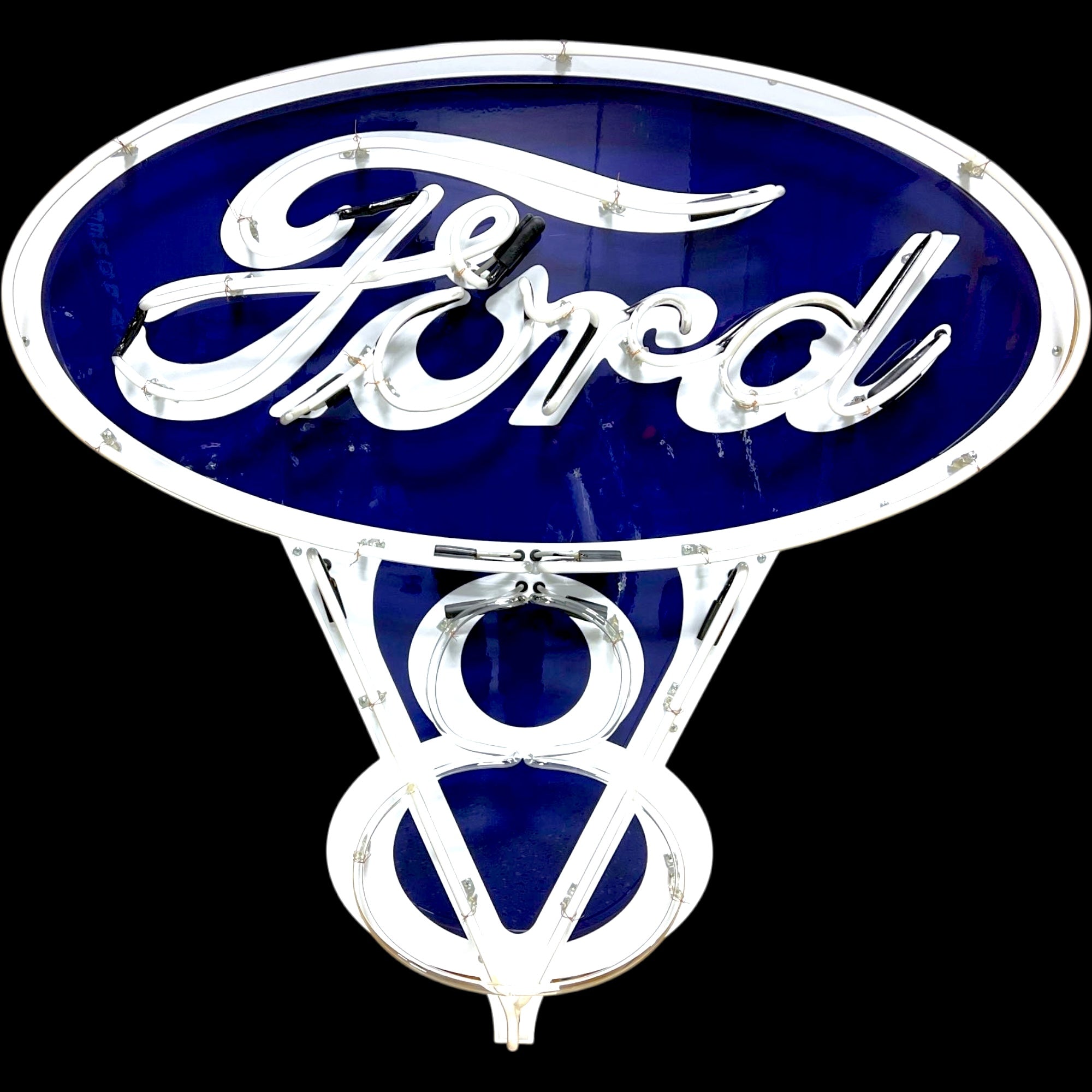 Ford V8 Tricolor Die Cut Neon Sign - Real Glass, Porcelain, Metal Can - Emblem Logo