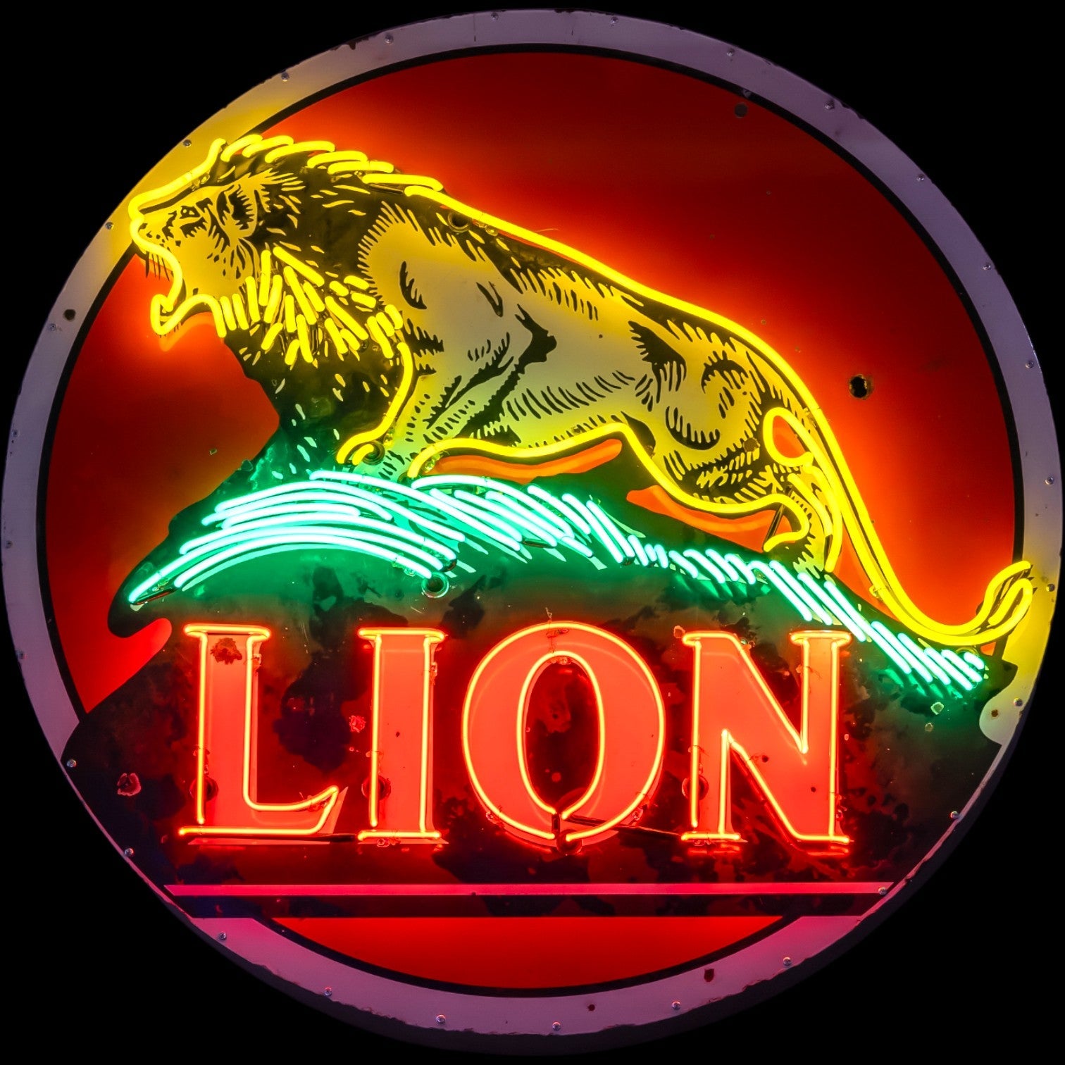 Lion Gasoline Vintage Glass Neon Porcelain with Steel Can Reproduction