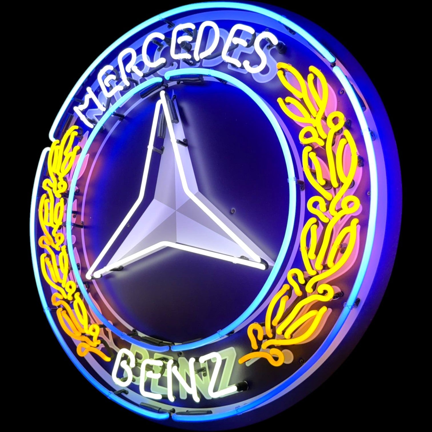 Wreath Emblem Mercedes Glass Neon Porcelain with Steel Can