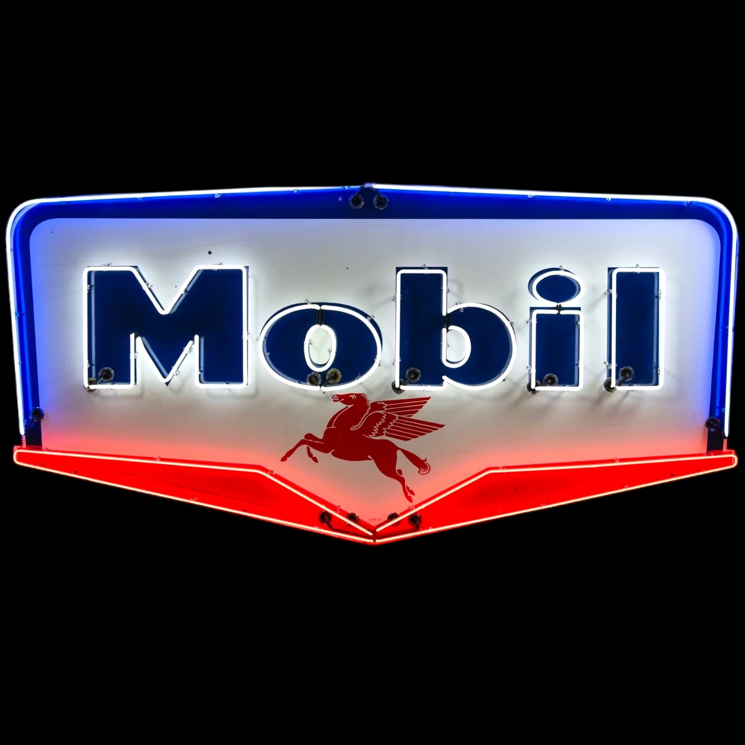 Mobil Real Neon Sign - Glass, Porcelain, Die Cut Chevron Can - Vintage Gas Station Lights Shield