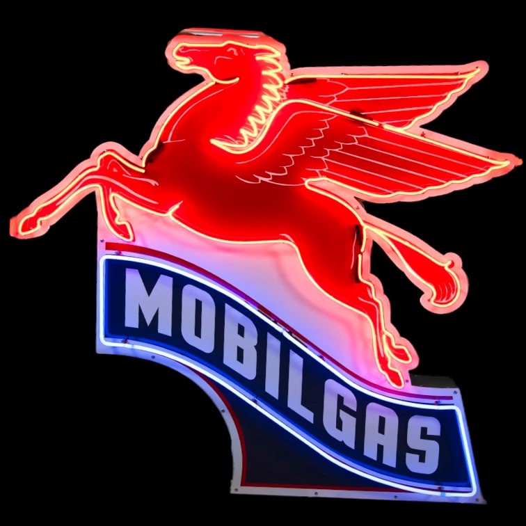 Large Mobilgas Pegasus Neon Sign - Real Glass, Porcelain, Left-Facing, Die Cut Steel Can - Vintage Light Up Gas Station Advertising