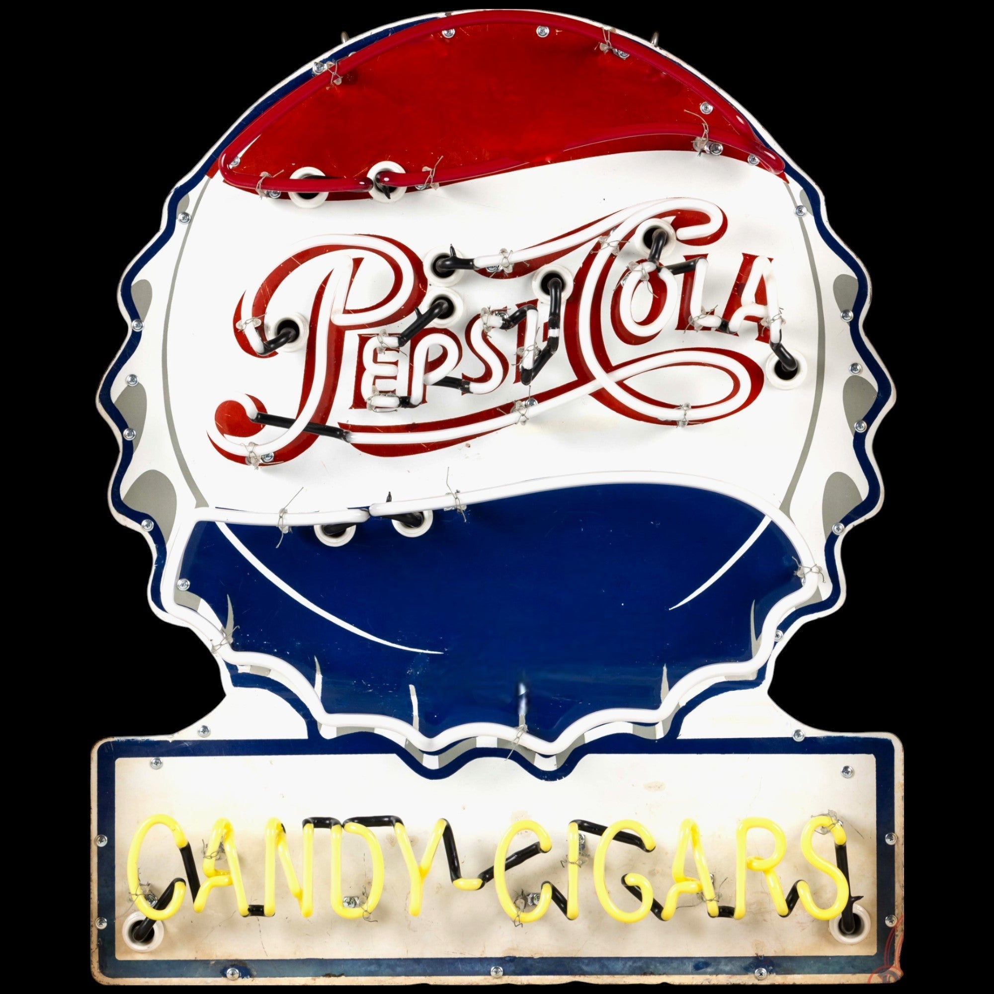 Pepsi-Cola Candy-Cigars Neon Porcelain Sign – Die Cut Vintage Bottle Cap Soda Lighted Advertising Shop Dispaly