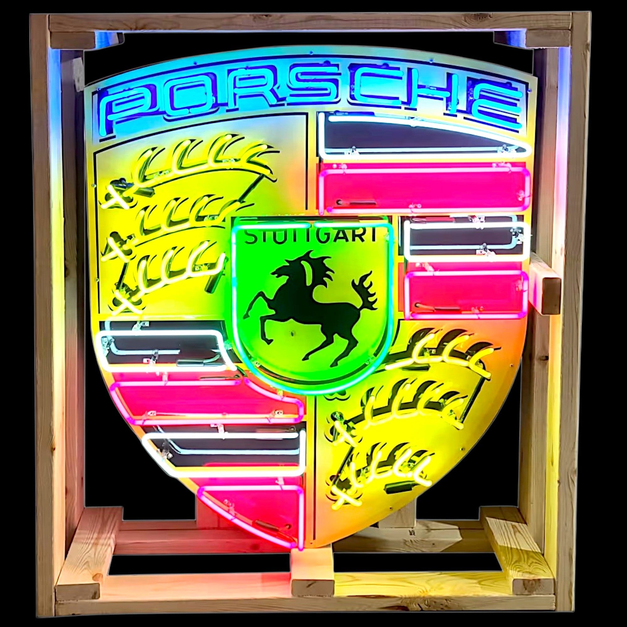 Porsche Turbo Style Neon Shield Porcelain Enamel Die Cut Sign with Can