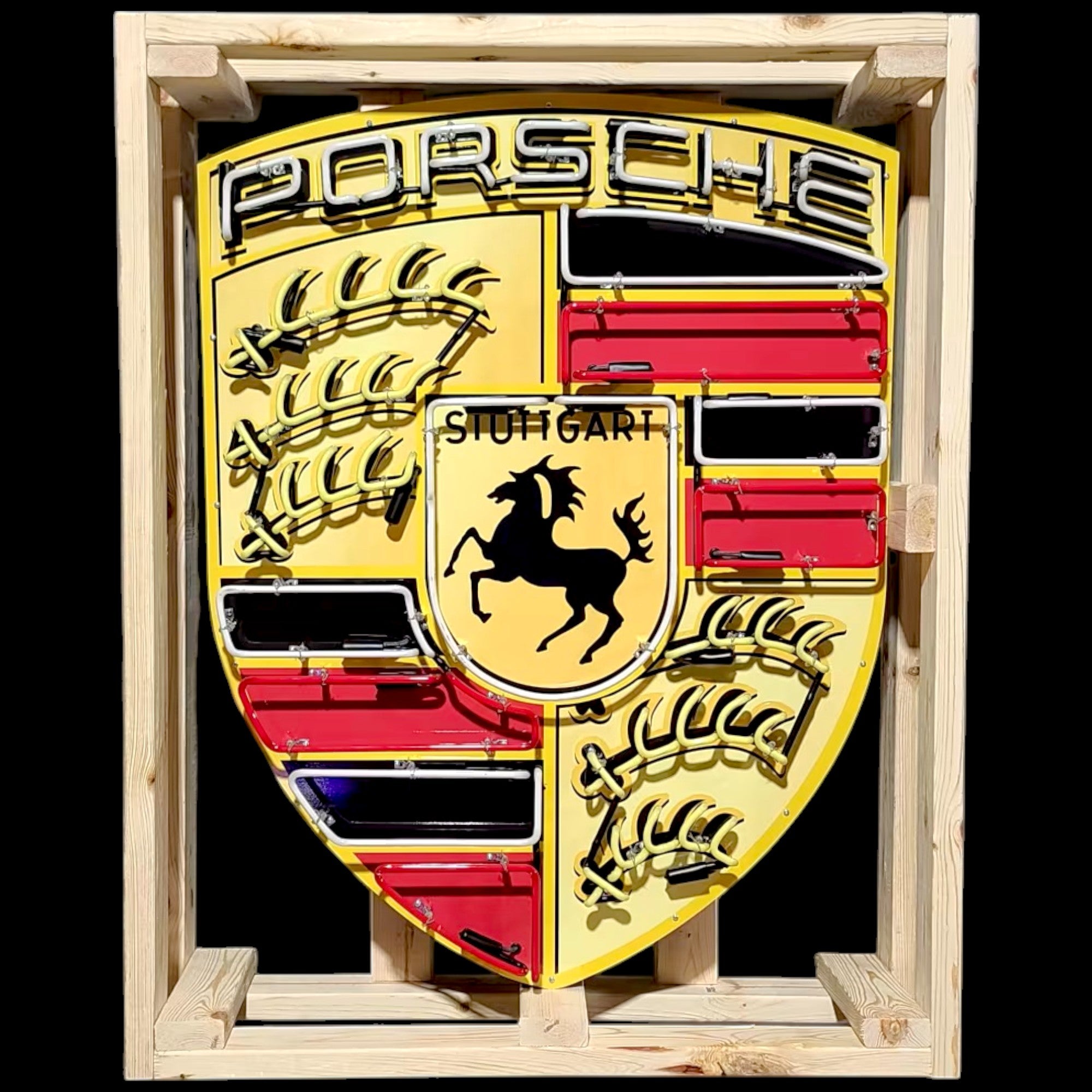 Porsche Turbo Style Neon Shield Porcelain Enamel Die Cut Sign with Can