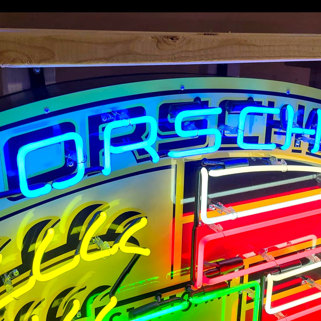 Porsche Turbo Style Neon Shield Porcelain Enamel Die Cut Sign with Can