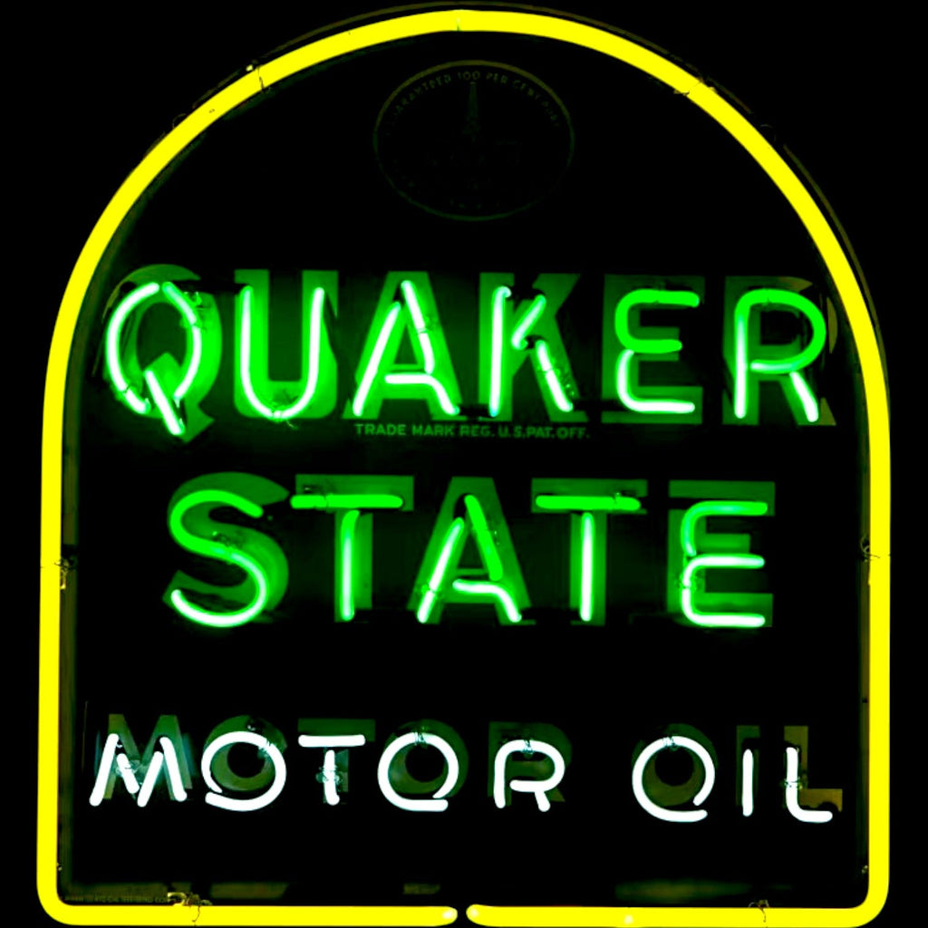 Quaker State Motor Oil Glass Neon Sign - Vintage Gas Station Advertising - Large, Porcelain, Steel Can