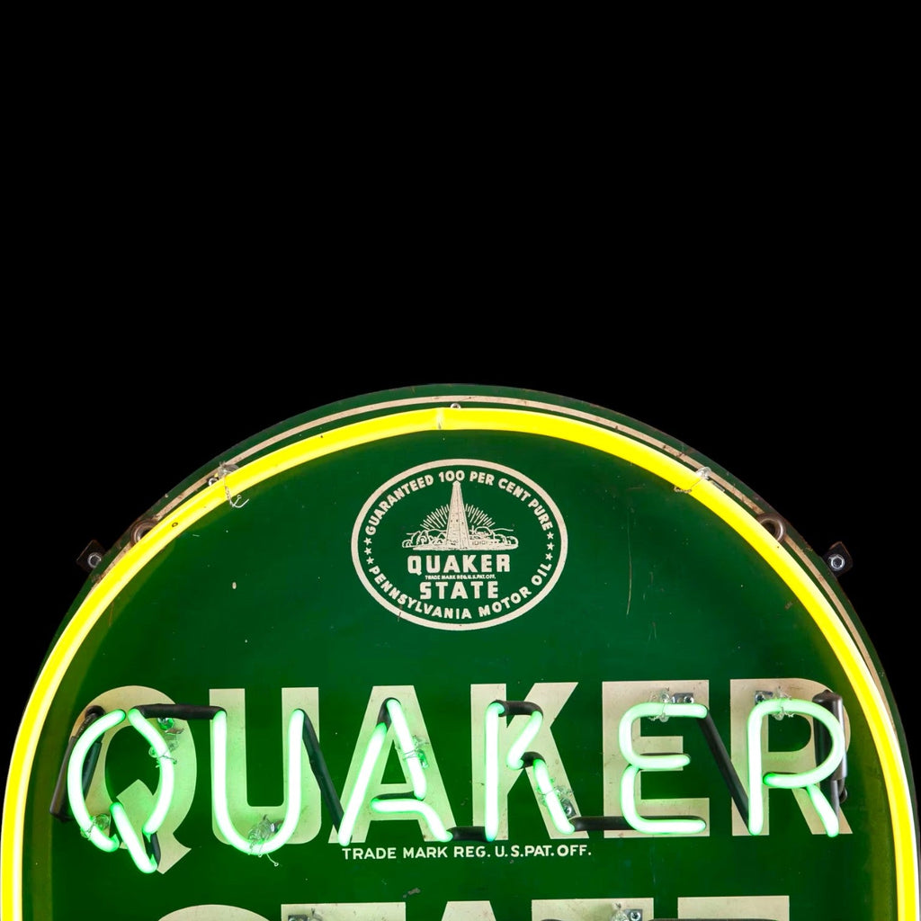 Quaker State Motor Oil Glass Neon Sign - Vintage Gas Station Advertising - Large, Porcelain, Steel Can