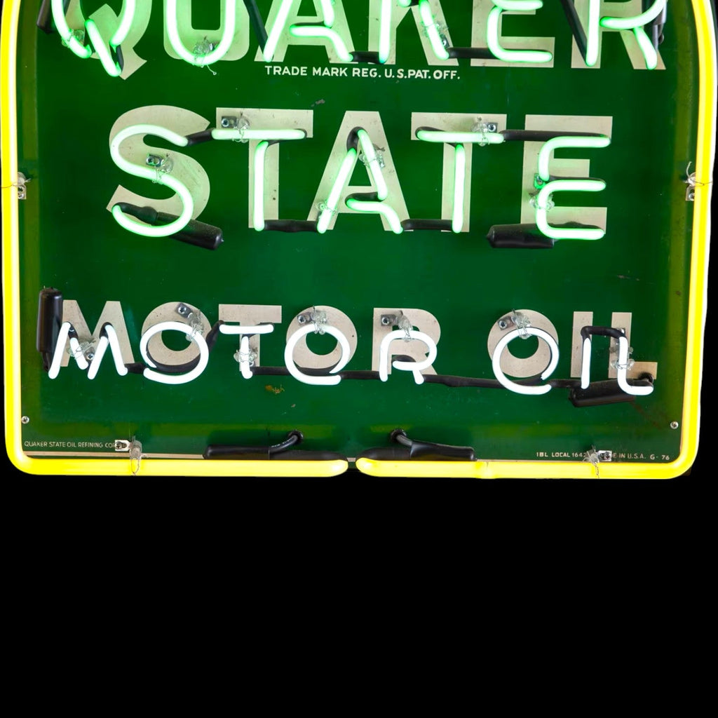 Quaker State Motor Oil Glass Neon Sign - Vintage Gas Station Advertising - Large, Porcelain, Steel Can