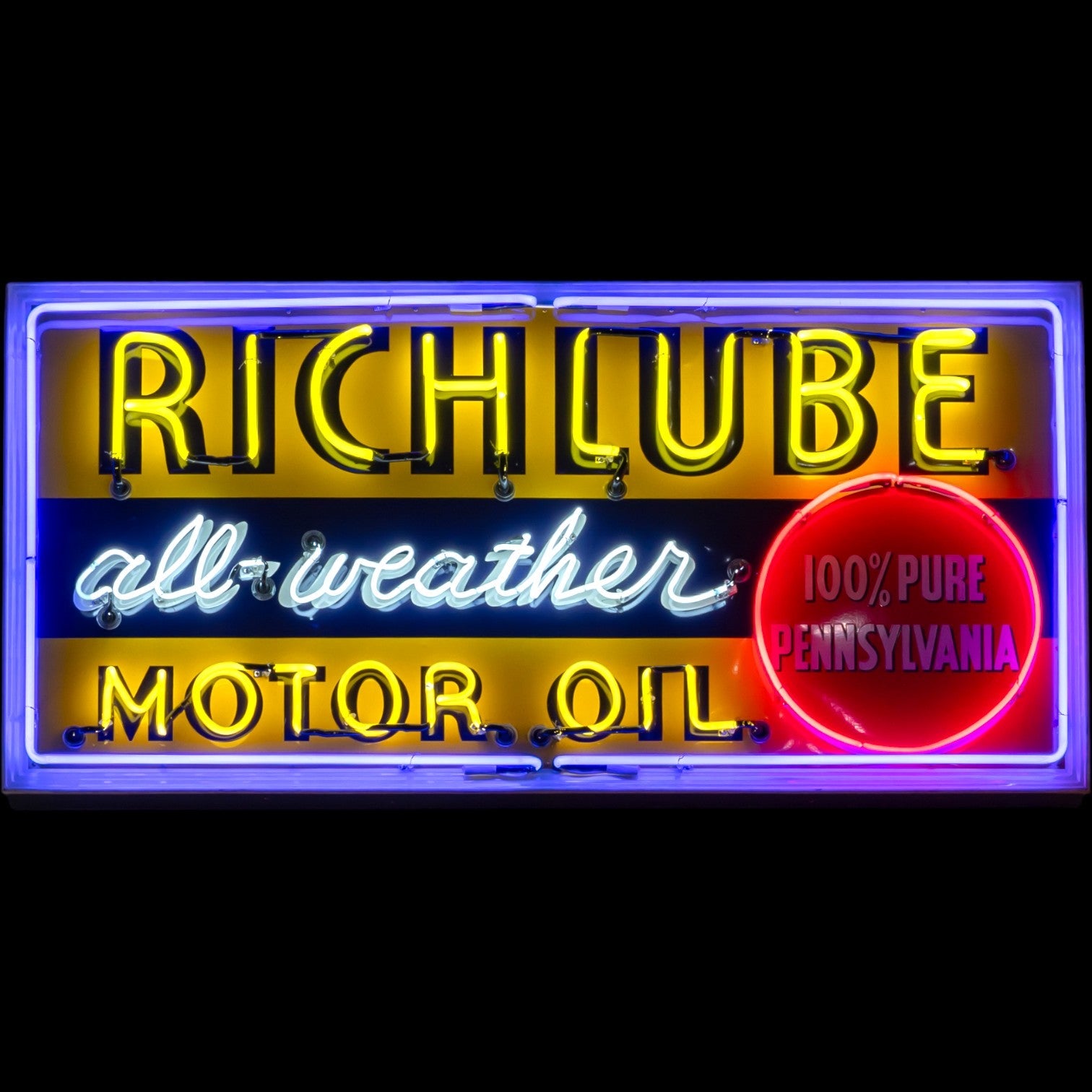 Richlube All Weather Motor Oil Neon Porcelain Panel Sign with Steel Can