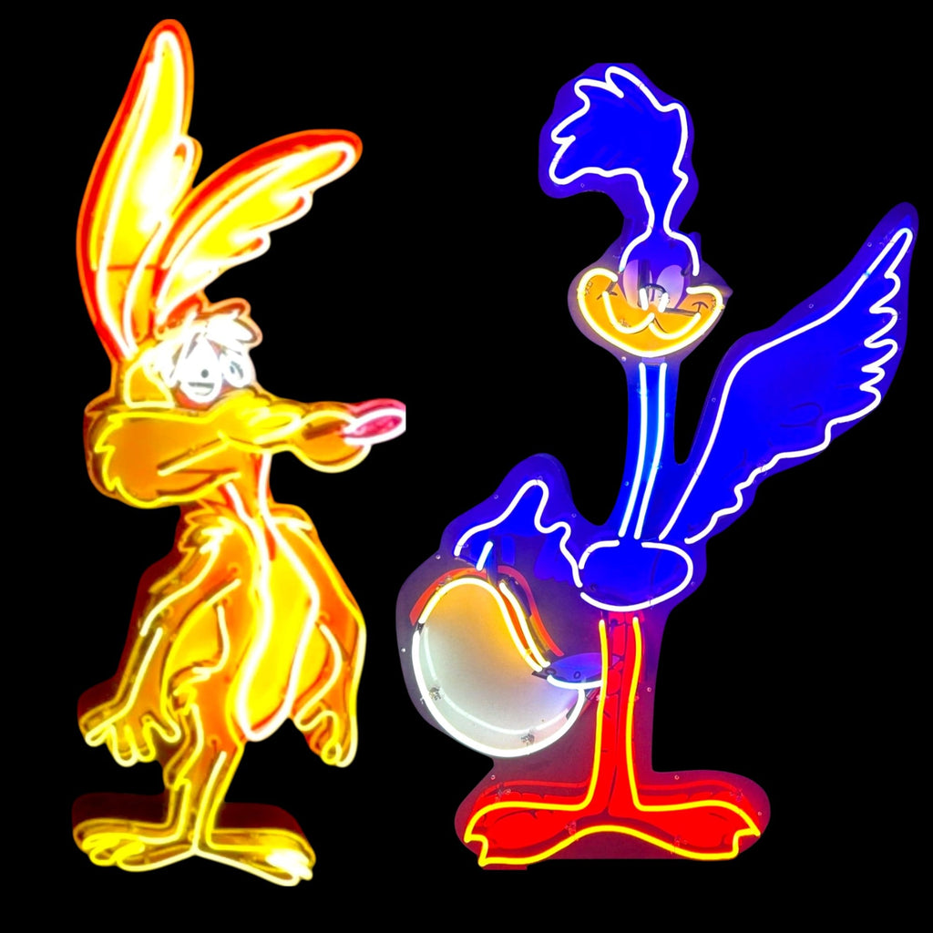 2pc Premium Neon Signs - Road Runner & Wile E. Coyote Beep Beep - Handblown Glass, Porcelain, Steel Can - Vintage Plymouth Muscle Car Mascots