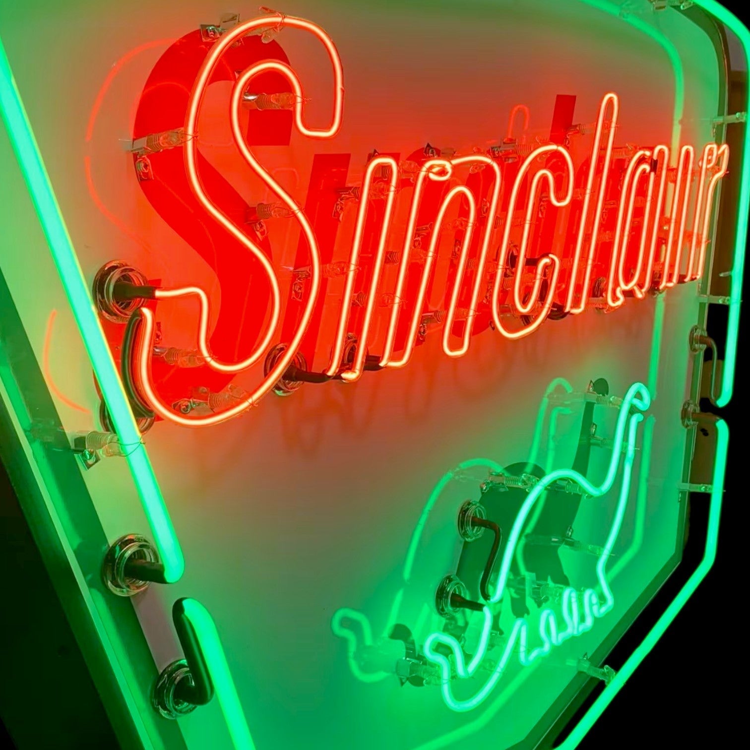 Sinclair Dino Shield Neon Sign - Vintage Gas Station Advertising - Glass, Porcelain, Steel Can