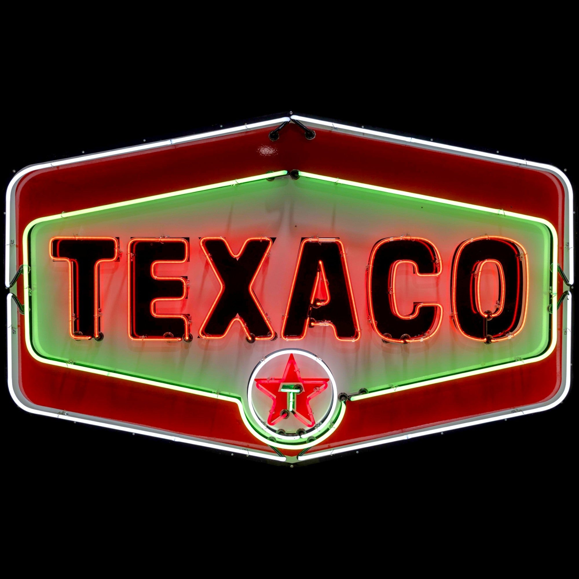 Texaco Gasoline Neon Shield Sign - Real Glass, Porcelain, Die Cut Metal Can - Vintage Gas Station Lighted Signs