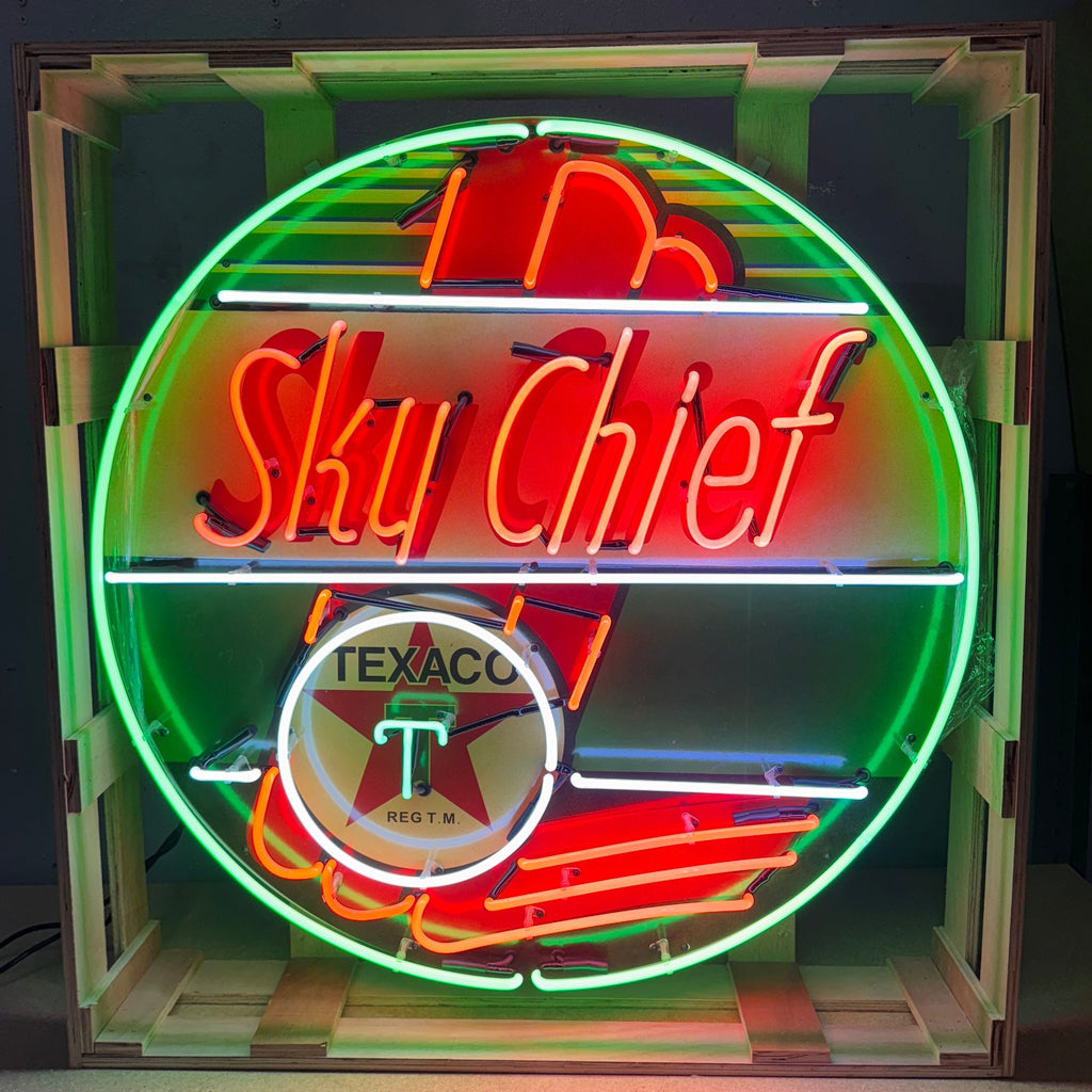 Texaco Sky Chief Gasoline Glass Neon Can with Porcelain Enamel