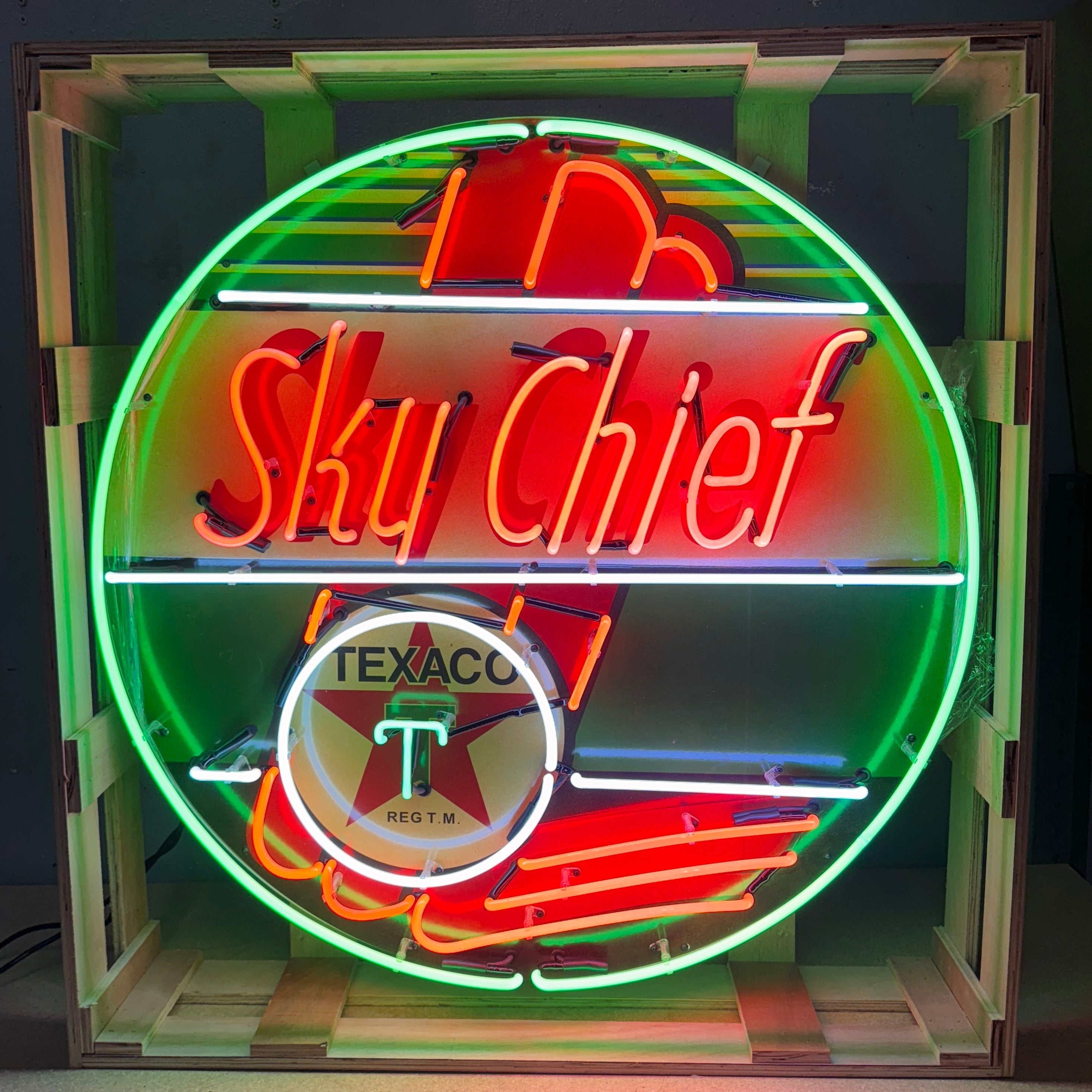 Texaco Sky Chief Gasoline Glass Neon Can with Porcelain Enamel