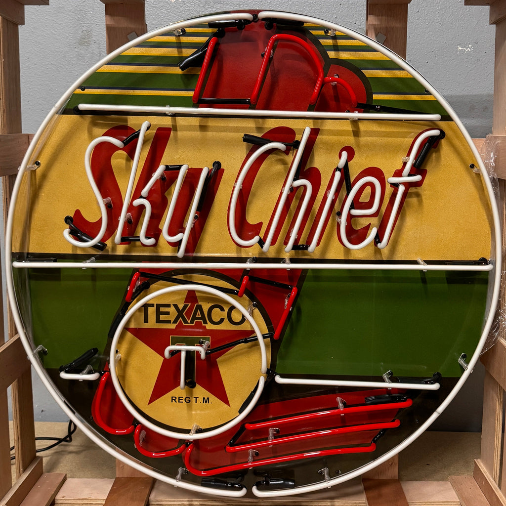 Texaco Sky Chief Gasoline Glass Neon Can with Porcelain Enamel
